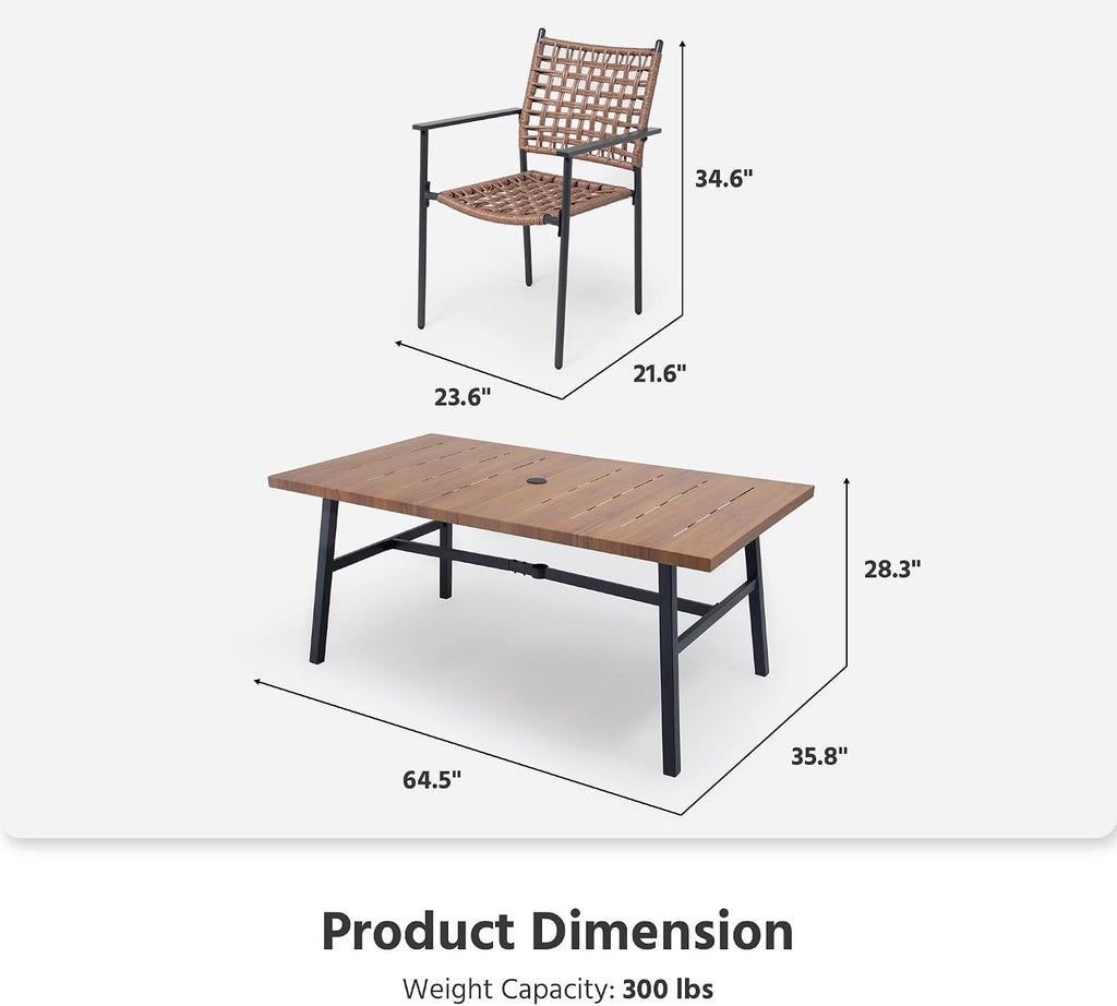 LAUSAINT HOME Outdoor Patio Dining Set 7 Pieces, Outdoor Rattan Dining Table and Chairs Set with Metal Table and Umbrella Hole, Patio Furniture Sets for Garden Backyard Deck Balcony