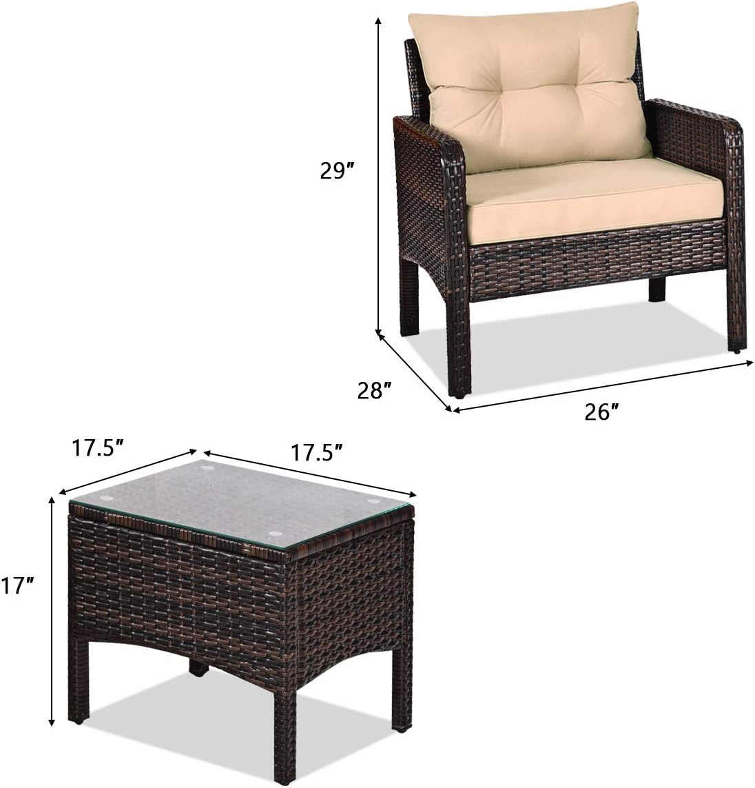 HAPPYGRILL 3 Pieces Patio Furniture Set Outdoor Rattan Wicker Coffee Table & Chairs Set with Seat Cushions Patio Conversation Set for Garden Balcony Backyard Poolside