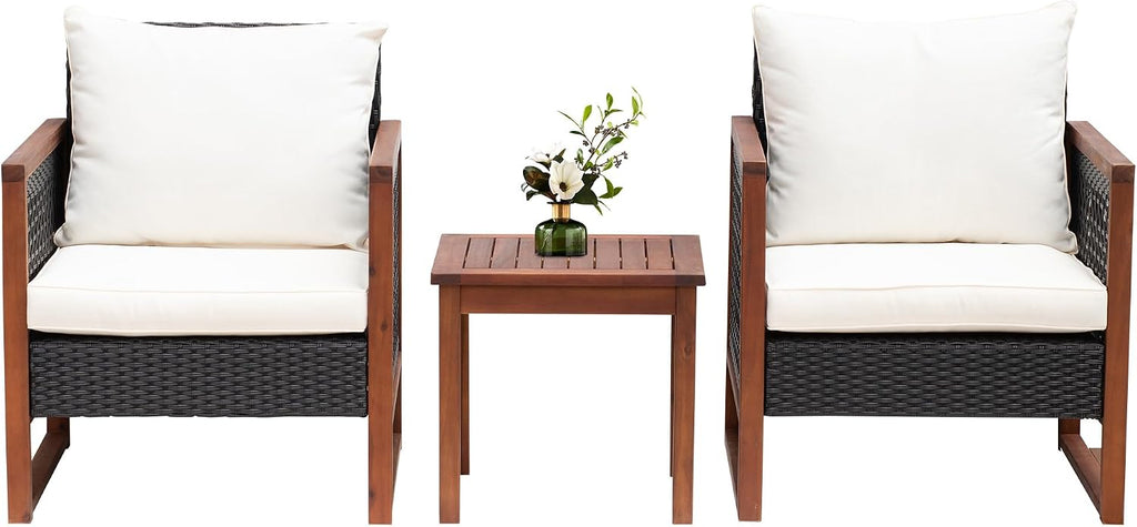 PayLessHere 3-Piece Outdoor Patio Furniture Set Modern Rattan Bistro Conversation Set with Acacia Wood Frame, Coffee Table, and Water-Resistant Cushions for Balcony, Garden, or Backyard (Khaki)