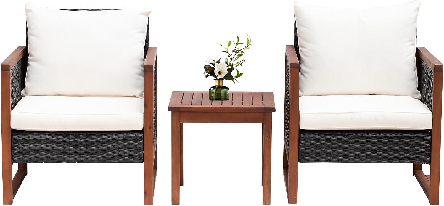 PayLessHere 3-Piece Outdoor Patio Furniture Set Modern Rattan Bistro Conversation Set with Acacia Wood Frame, Coffee Table, and Water-Resistant Cushions for Balcony, Garden, or Backyard (Khaki)