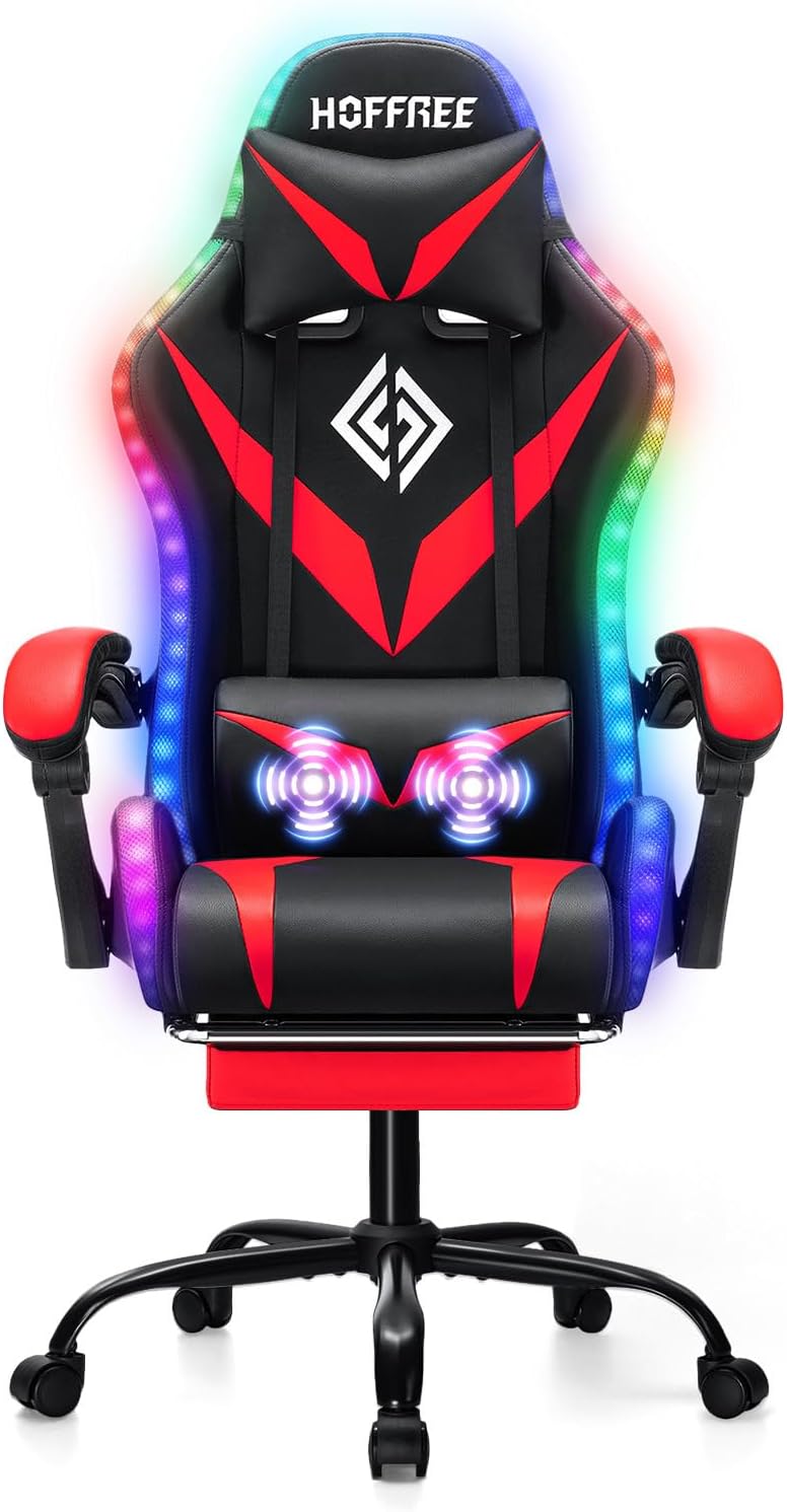 HOFFREE Gaming Chair with LED RGB Lights Massage Ergonomic Video Game Chairs with Footrest High Back Reclining Computer Chair with Adjustable Lumbar Support Red and Black