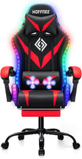 HOFFREE Gaming Chair with LED RGB Lights Massage Ergonomic Video Game Chairs with Footrest High Back Reclining Computer Chair with Adjustable Lumbar Support Red and Black
