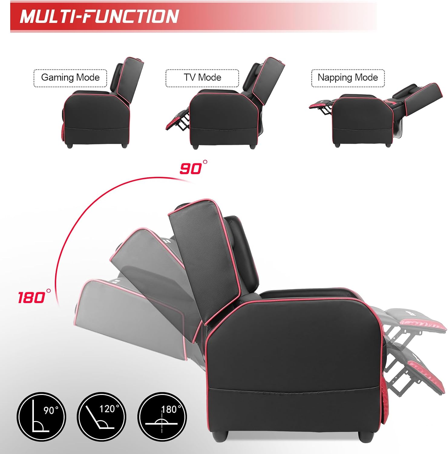 BOSSIN Gaming Recliner Chair for Adults 400lbs Racing Style Sofa Big and Tall PU Leather Recliner Seating, Modern Ergonomic Lounge Comfortable Home Movie Theater for Living Room(Red)