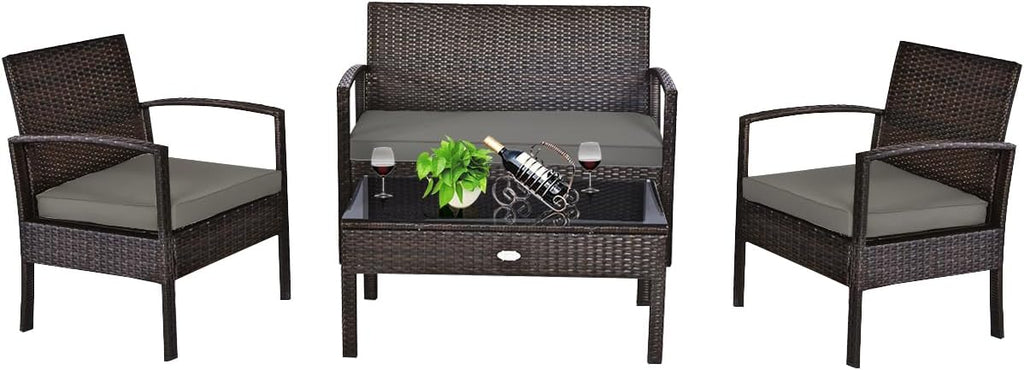 COSTWAY Outdoor Patio Furniture Set 4 Pieces, Wicker Conversation Set with Tempered Glass Topped Table, Seat Cushions, Rattan Chair Wicker Sofa for Backyard Balcony Porch Poolside