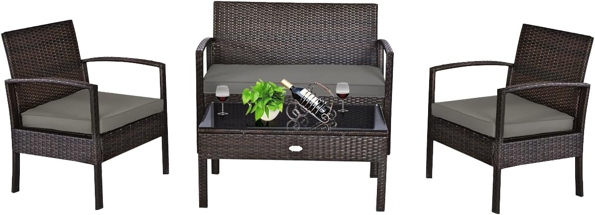 COSTWAY Outdoor Patio Furniture Set 4 Pieces, Wicker Conversation Set with Tempered Glass Topped Table, Seat Cushions, Rattan Chair Wicker Sofa for Backyard Balcony Porch Poolside