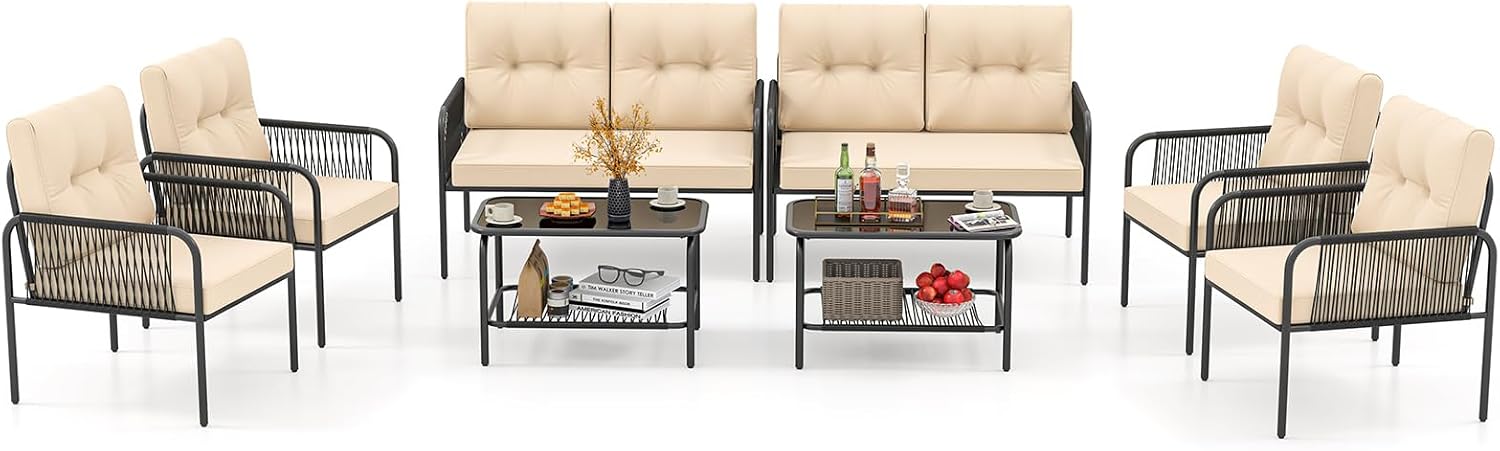 Tangkula 8 Pieces Patio Furniture Set, PE Rattan Sofa Chairs with Loveseat, Tempered Glass Coffee Table and Soft Cushions, Outdoor Conversation Set for Porch, Backyard, Garden and Poolside