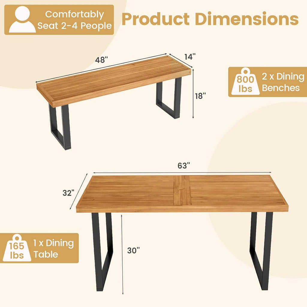 Tangkula 3 Pieces Patio Dining Table Set, 63' Rectangle Acacia Wood Table with Umbrella Hole and 2 Backless Bench with Metal Frame, Outdoor Dinette Furniture for Garden Yard