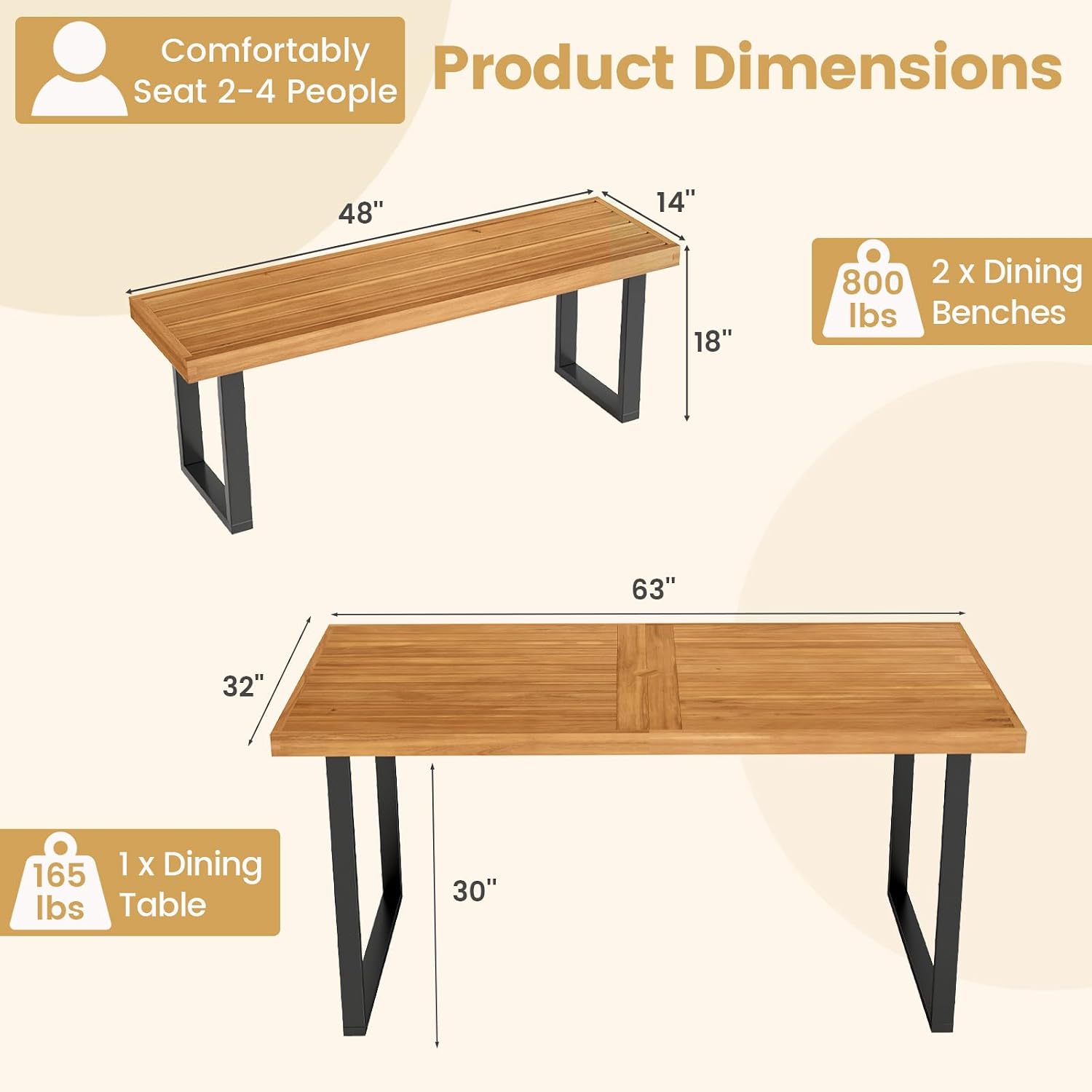 Tangkula 3 Pieces Patio Dining Table Set, 63' Rectangle Acacia Wood Table with Umbrella Hole and 2 Backless Bench with Metal Frame, Outdoor Dinette Furniture for Garden Yard