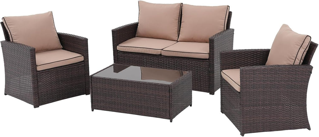 JOIVI Patio Furniture Set, 4 Piece Outdoor Patio Conversation Set, All-Weather PE Rattan Wicker Sectional Patio Sofa Set with Tempered Glass Coffee Table, Brown