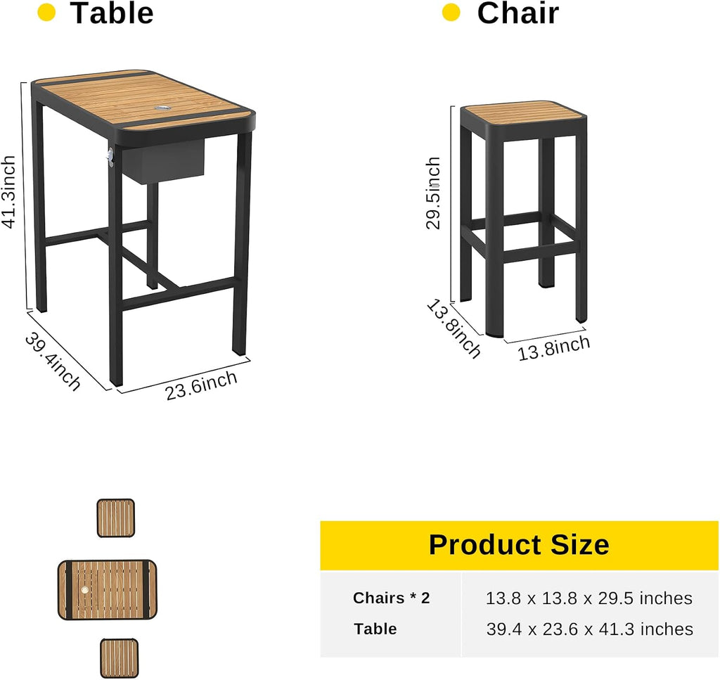 EAST OAK Signature 3-Piece Outdoor Bar Set, Patio Table with Teak Wood and Aluminum, Outdoor Patio Furniture for 2, Outdoor High Top Table and Chairs Set for Backyard, Garden and Pool, Dark Grey