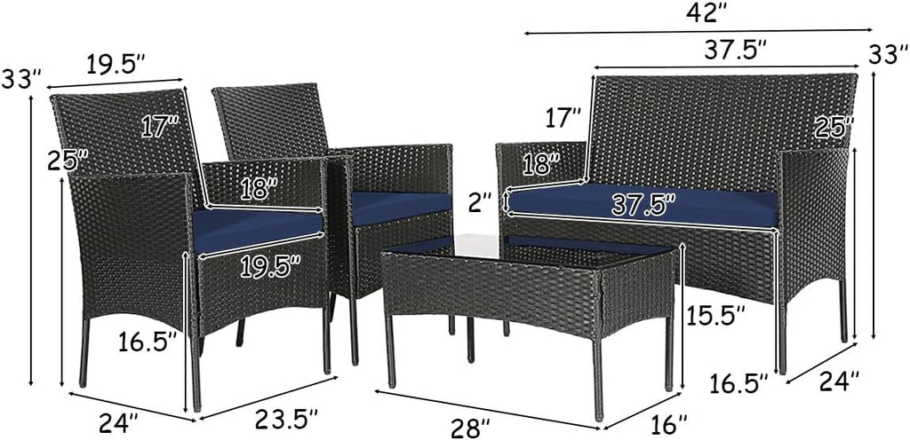 Tangkula 8 Piece Patio Furniture Set, Outdoor Wicker Conversation Set with Tempered Glass Coffee Table, Rattan Loveseat & Chairs Set with Seat Cushions for Backyard, Garden, Poolside (2, Navy)