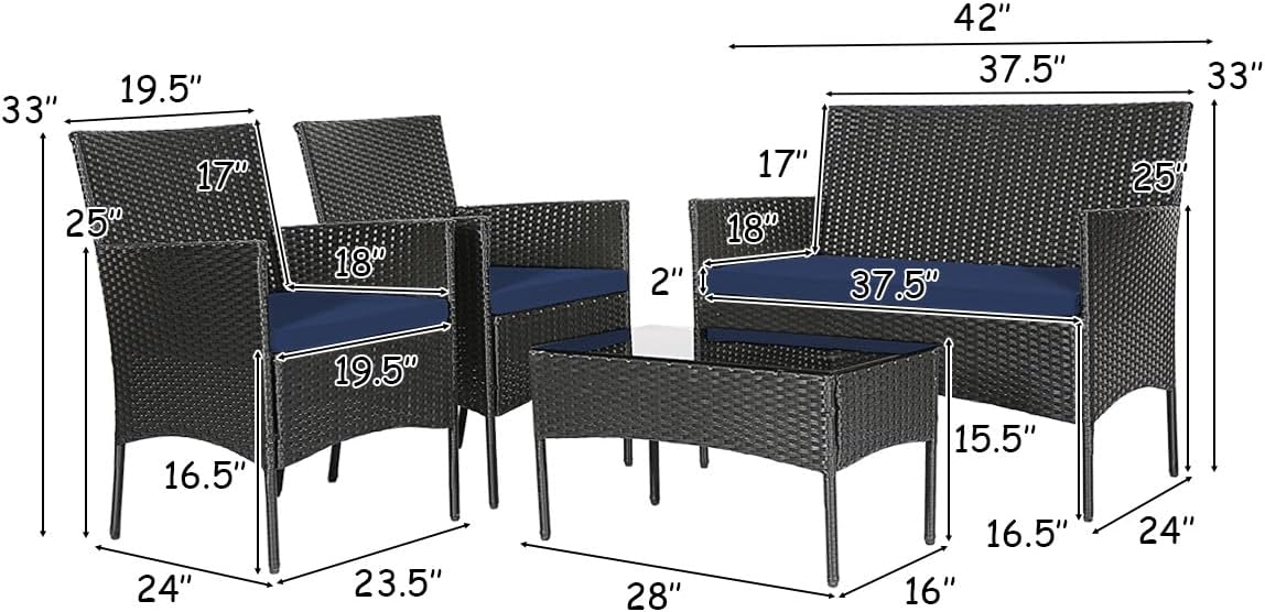 Tangkula 8 Pieces Patio Furniture Set, Outdoor Wicker Conversation Set with Tempered Glass Tabletop, Rattan Sofa and Chairs Set with Off White & Navy Cushion Covers