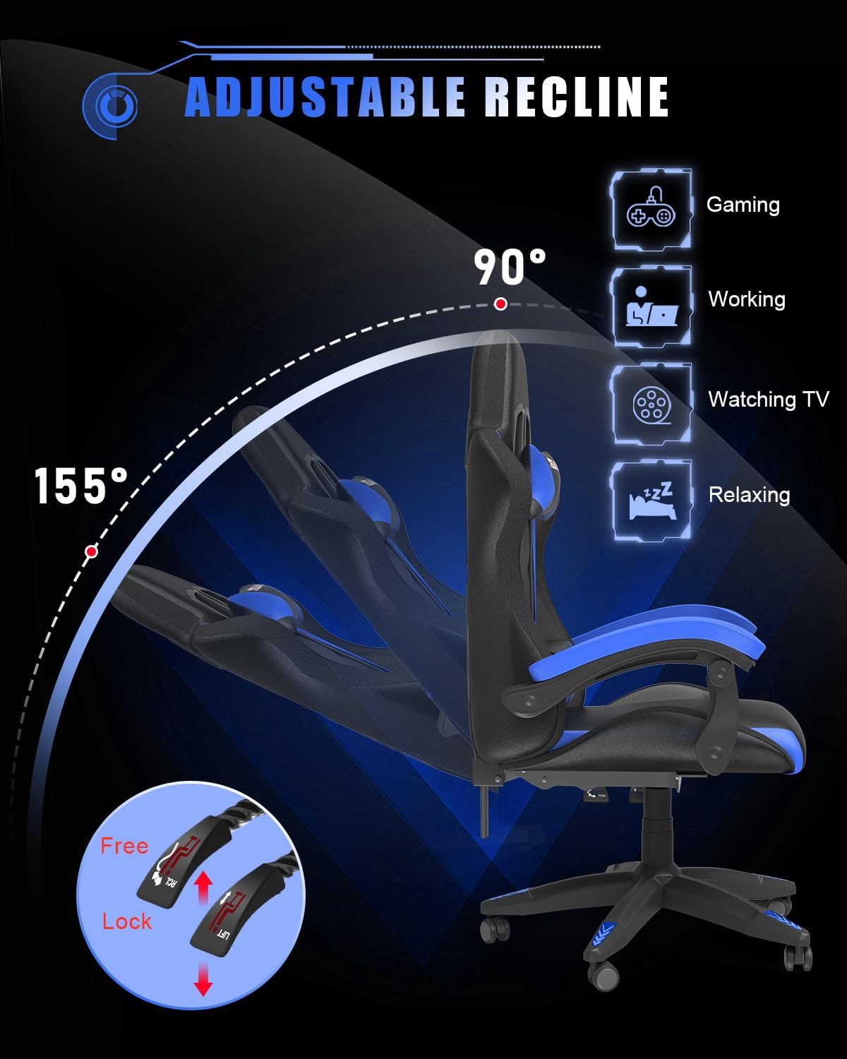 Racingreat Gaming Chair with RGB LED Lights, Ergonomic Computer Chair with Headrest and Lumbar Support, PU Leather High Back Height Adjustable Swivel Video Game Chairs for Adults(Blue)