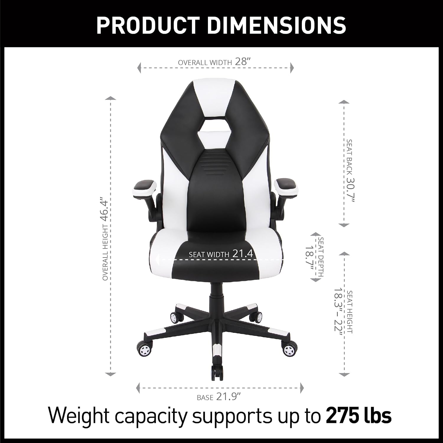 Realspace RS Gaming™ RGX Faux Leather High-Back Gaming Office Chair, Black/White, BIFMA Compliant