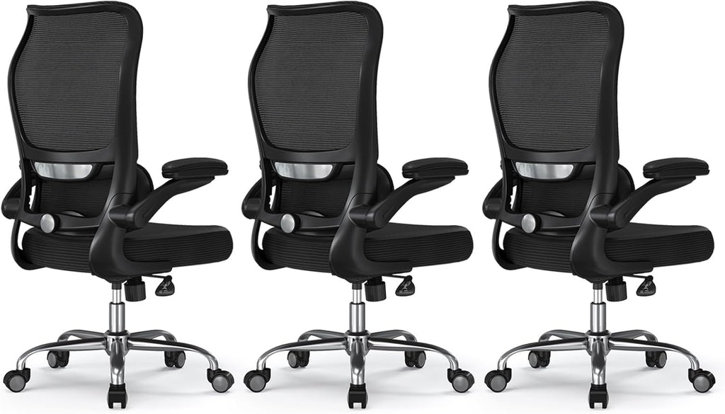 TRALT Ergonomic Office Chair - Desk Chair with Wave High Back Adjustable Lumbar Support Computer Chair - Gaming Chairs Mesh Backrest and PU Leather Seat for Home Reading Chairs (Black Pack of 3)