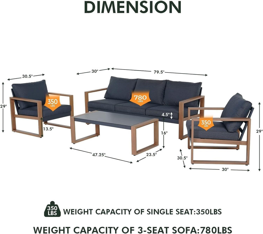 Grand patio Outdoor 4-Piece Modern Aluminum Patio Furniture Sets 5 Person Conversation Set, Faux Wood Grain Finish Frame Sofa with Removable Olefin Thick Cushions and Coffee Table (Grey+Umbrella)