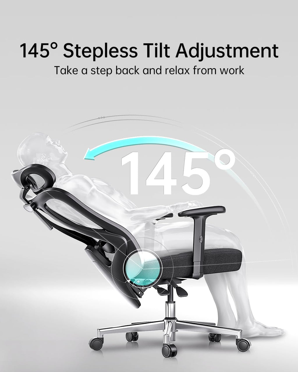 Hbada P3 Ergonnomic Office Chair with 2D Adjustable Lumbar Support, Office Chair with Adjustable Headrest and Armrest, 145° Stepless Tilt Function, Black(No Footrest)