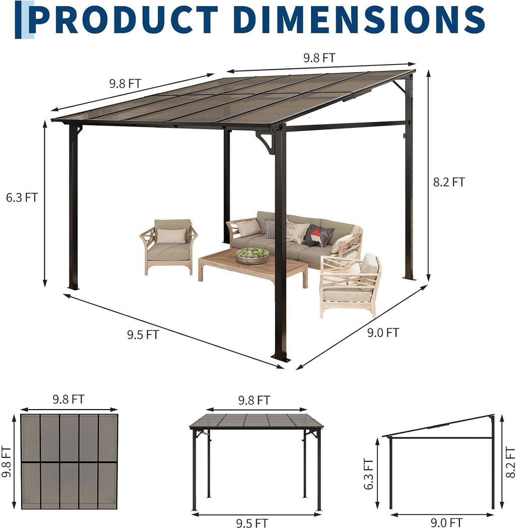Garvee 10x10 ft Outdoor Lean to Gazebo, Wall Mounted Patio Hardtop Gazebo Pergola with Polycarbonate Roof, Upgraded Steel Frame Hardtop Pavilion for Patio, Garden, Lawn, Deck