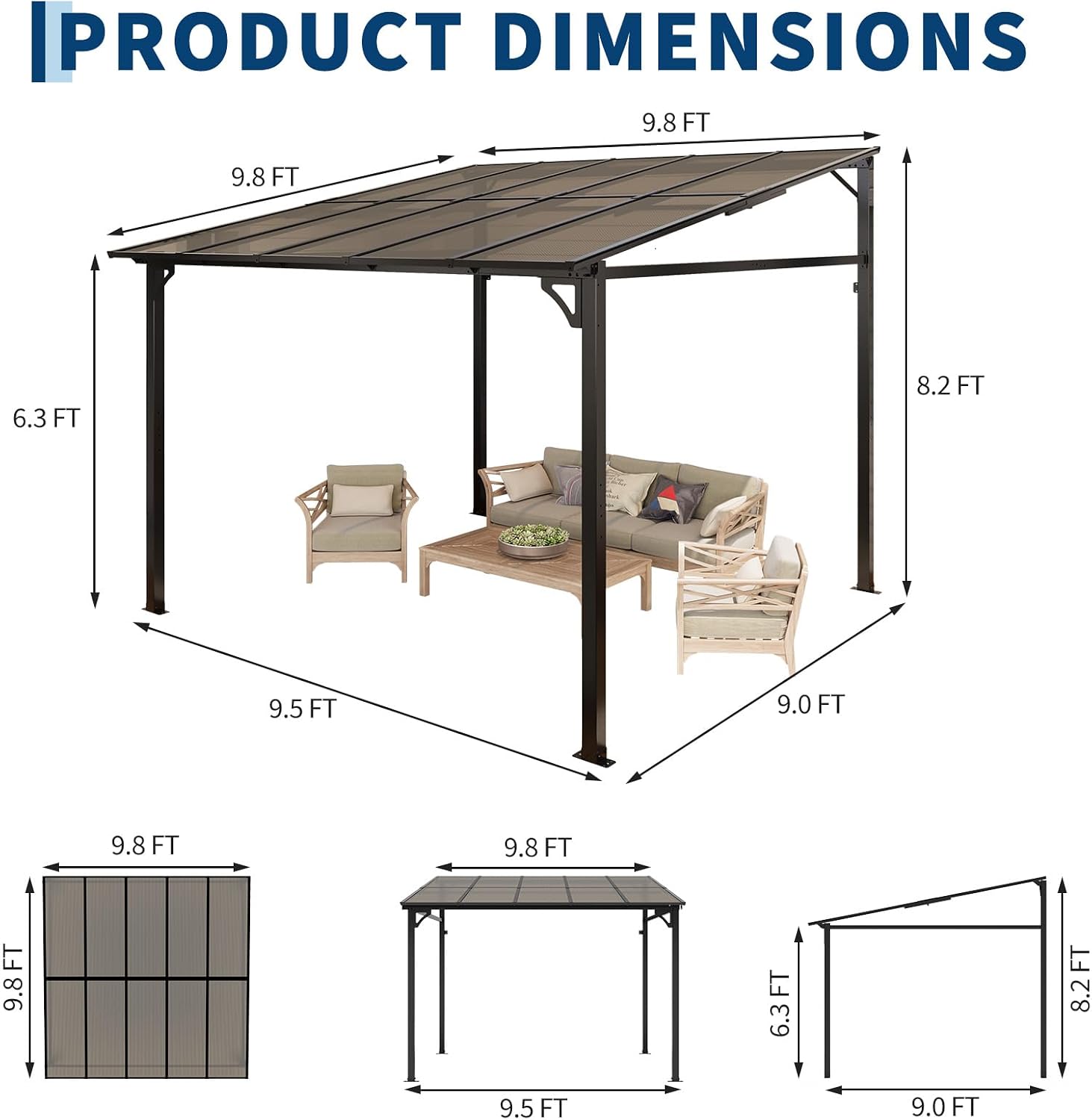 Garvee 10x10 ft Outdoor Lean to Gazebo, Wall Mounted Patio Hardtop Gazebo Pergola with Polycarbonate Roof, Upgraded Steel Frame Hardtop Pavilion for Patio, Garden, Lawn, Deck