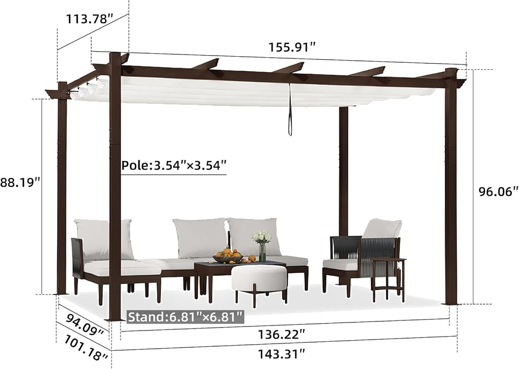 PURPLE LEAF 10' x 13' Outdoor Retractable Pergola Aluminum with Patio Sun Shade Canopy DIY Modern Heavy-Duty Bronze Shelter for Garden Yard Pavilion Grape Trellis Porch, White