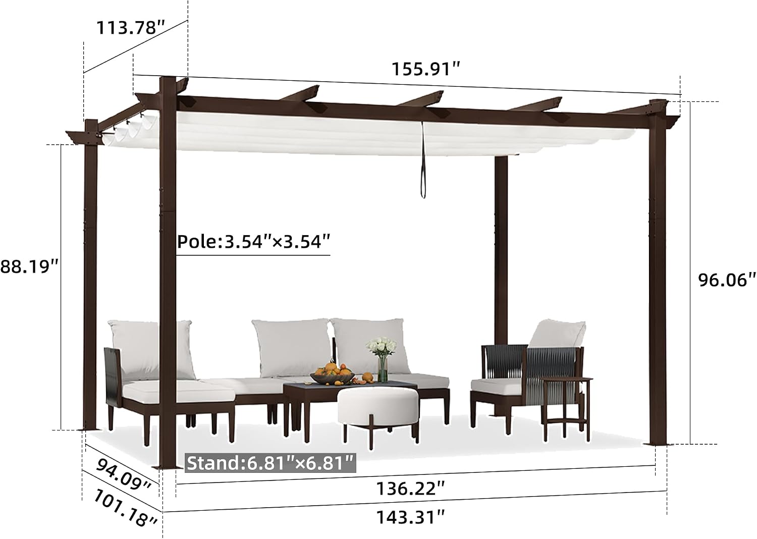 PURPLE LEAF 10' x 13' Outdoor Retractable Pergola Aluminum with Patio Sun Shade Canopy DIY Modern Heavy-Duty Bronze Shelter for Garden Yard Pavilion Grape Trellis Porch, White