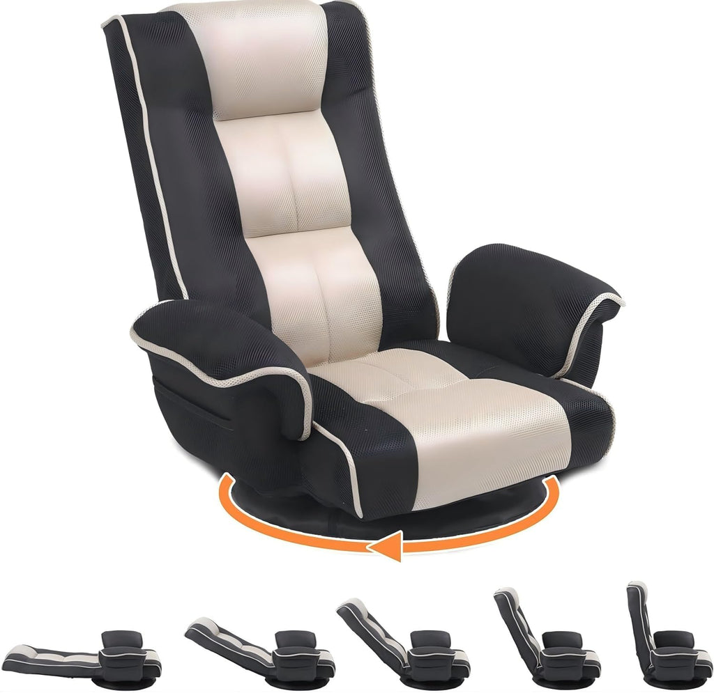Swivel Floor Chairs for Adults, Floor Gaming Chair with Extra Wide Arms, Back Support 14 Angles Adjustable Comfortable Double Mesh Fabric Lazy Sofa for Video Game Chairs 201 (Grey + Beige)