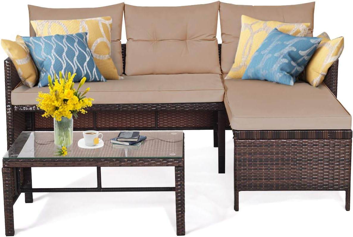 Tangkula Patio Corner Sofa Set 3 Piece, Outdoor Rattan Sofa Set, Includes Lounge Chaise, Loveseat & Coffee Table, Patio Garden Poolside Lawn Backyard Furniture