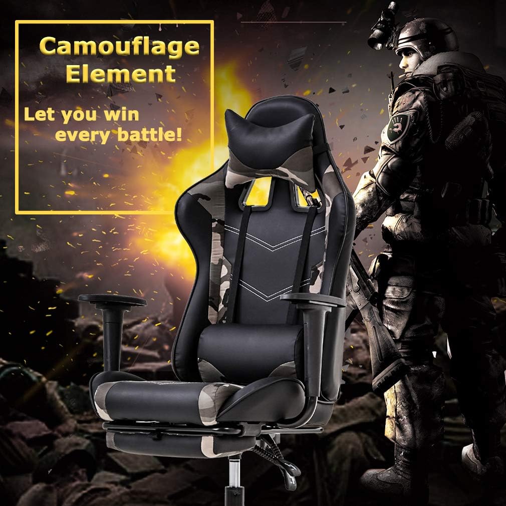 Gaming Chair Racing Office Chair Ergonomic Desk Chair Massage PU Leather Recliner PC Computer Chair with Lumbar Support Headrest Armrest Footrest Rolling Swivel Task Chair for Women Adults, Camo