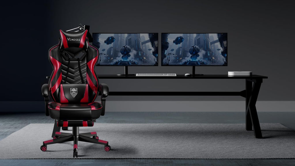 Vonesse Gaming Chair, Big and Tall Gaming Chair with Footrest and Massage, Gaming Chairs for Adults with Lumbar Support, Ergonomic High Back Computer Chair with Pocket Spring Cushion (Red/Black)