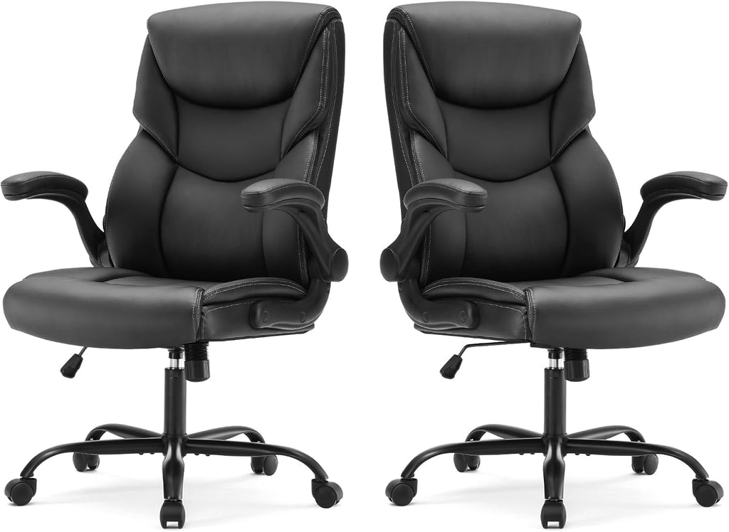 Sweetcrispy Ergonomic Computer Gaming Office Chair Set of 2, Heavy Duty Task Desk Swivel Rolling Chairs with Wheels, Flip-up Arms, Adjustable Height, PU Leather,Inky