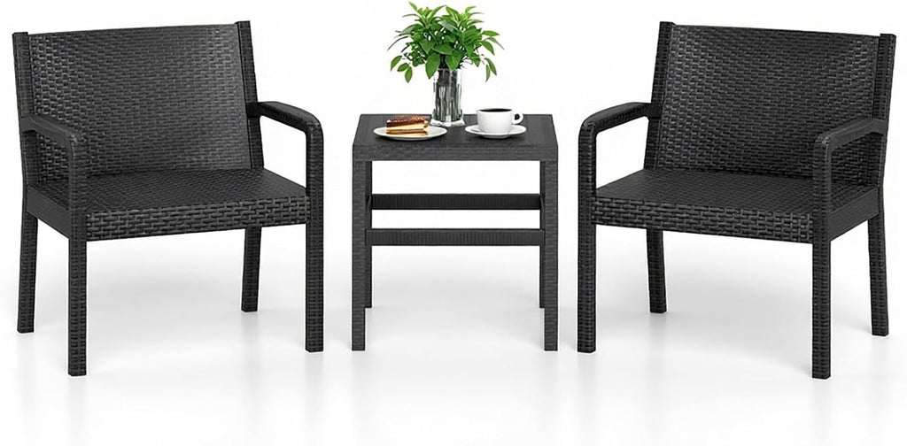 COSTWAY 3 Piece Patio Furniture Set, Outdoor PP Rattan Wicker Furniture Set with 2 Modern Rattan Armchair and 25' Squire Side Table for Patio, Garden, Poolside, Bistro, Black