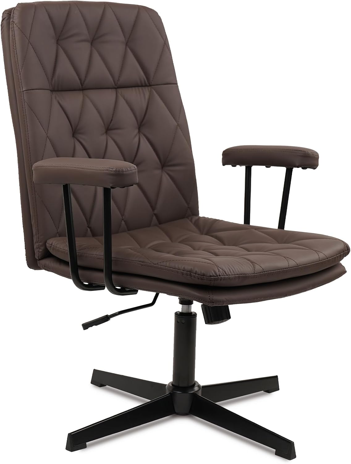 CLATINA Office Chair No Wheels, Leather Criss Cross Desk Chairs with Arms, Modern Cross Legged Computer Chair, Mid Back Height Adjustable Swivel Task Vanity Chair for Home Office, Chocolate Brown