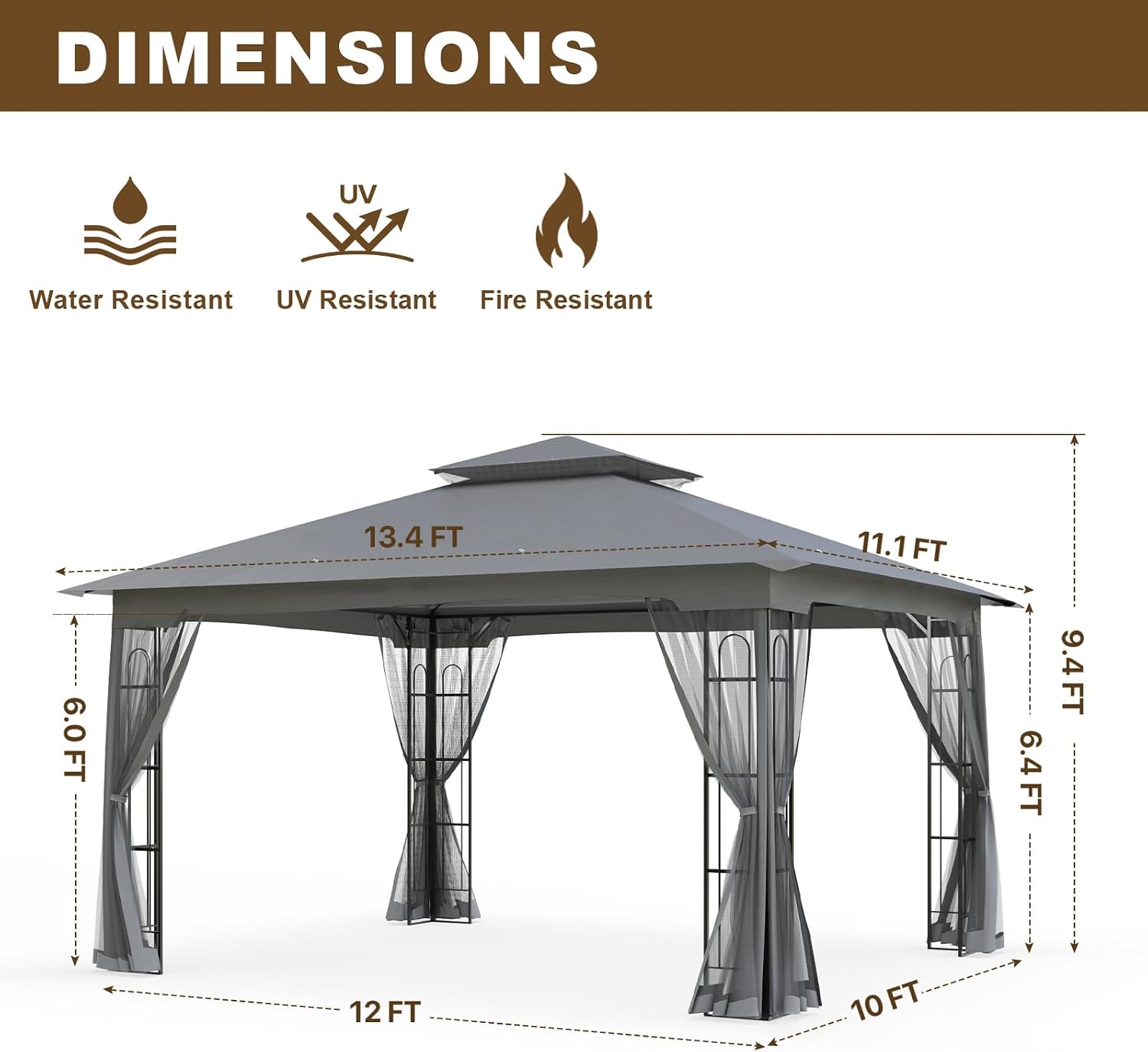 10x12 Outdoor Gazebo Tent with Netting, Double Roof Patio Gazebo with Soft Fabric Top, Outdoor Pavilion for Backyard Patio Garden Lawn, Gray