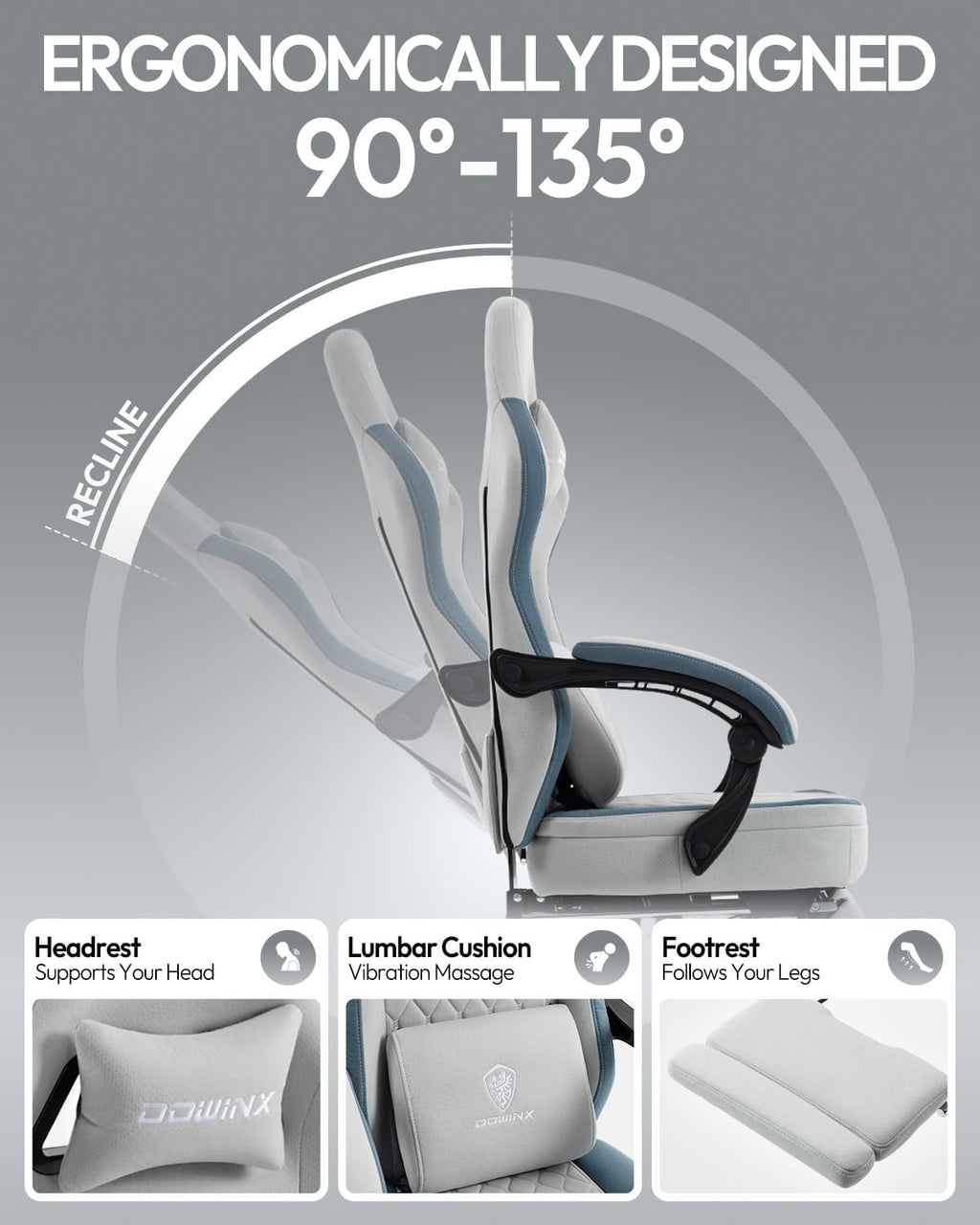 Dowinx Gaming Chair Breathable Fabric Game Chair with Gel Pad and Storage Bag, Comfortable Gamer Chair with Pocket Spring Cushion, Ergonomic Computer Chair with Footrest, Grey and Blue