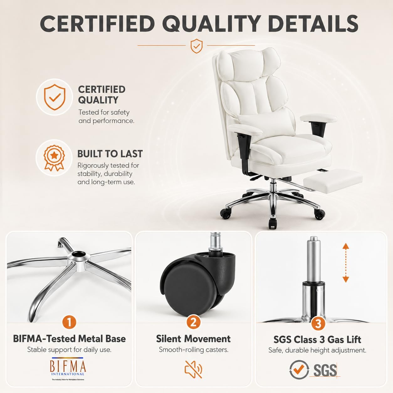 Big and Tall Ergonomic Office Chair with Footrest, Executive High Back PU Leather Desk Chair, Reclining Computer Chair with Adjustable Lumbar Support and Armrests, Swivel Rolling Gaming Chair, Beige