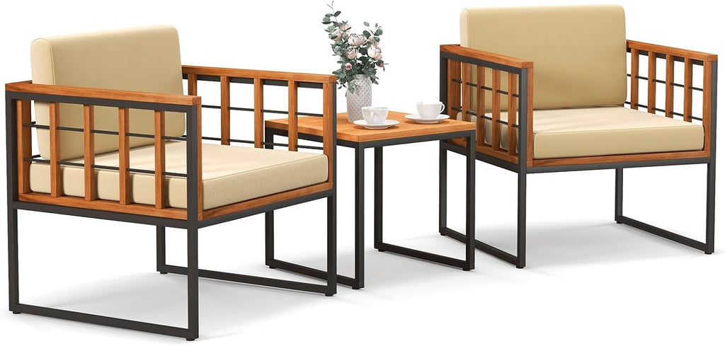 Tangkula 3 Pieces Patio Chair Set, Acacia Wood Outdoor Sofa Set with Metal Support, Soft Seat & Back Cushions Included, Cushioned Bistro Set for Balcony, Porch, Backyard (Beige)