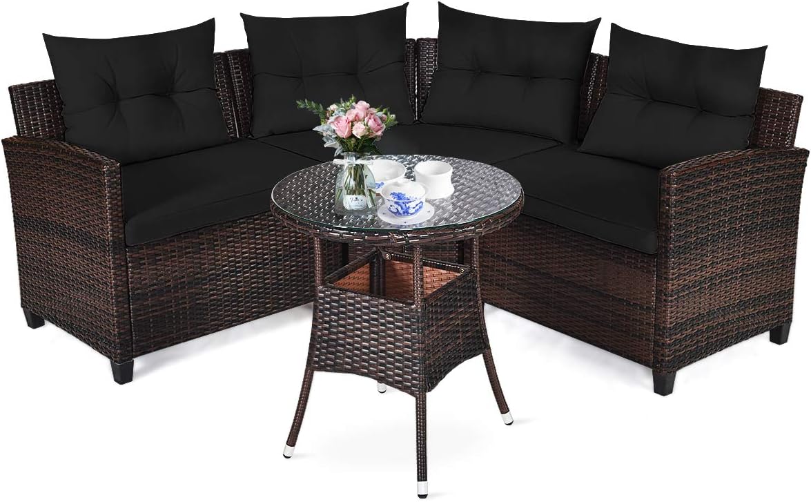 Tangkula 4-Piece C Shape Patio Furniture Set, Outdoor Corner Wicker Rattan Sectional Cushioned Sofa Set, with Glass Coffee Table, for Garden Poolside Balcony (Black)