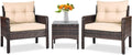 Tangkula 3 Piece Outdoor Patio Furniture Set for 2, Wicker Chairs with Glass Top Coffee Table, Thick Cushions, All Weather Garden Lawn Poolside Backyard Porch (Brown)