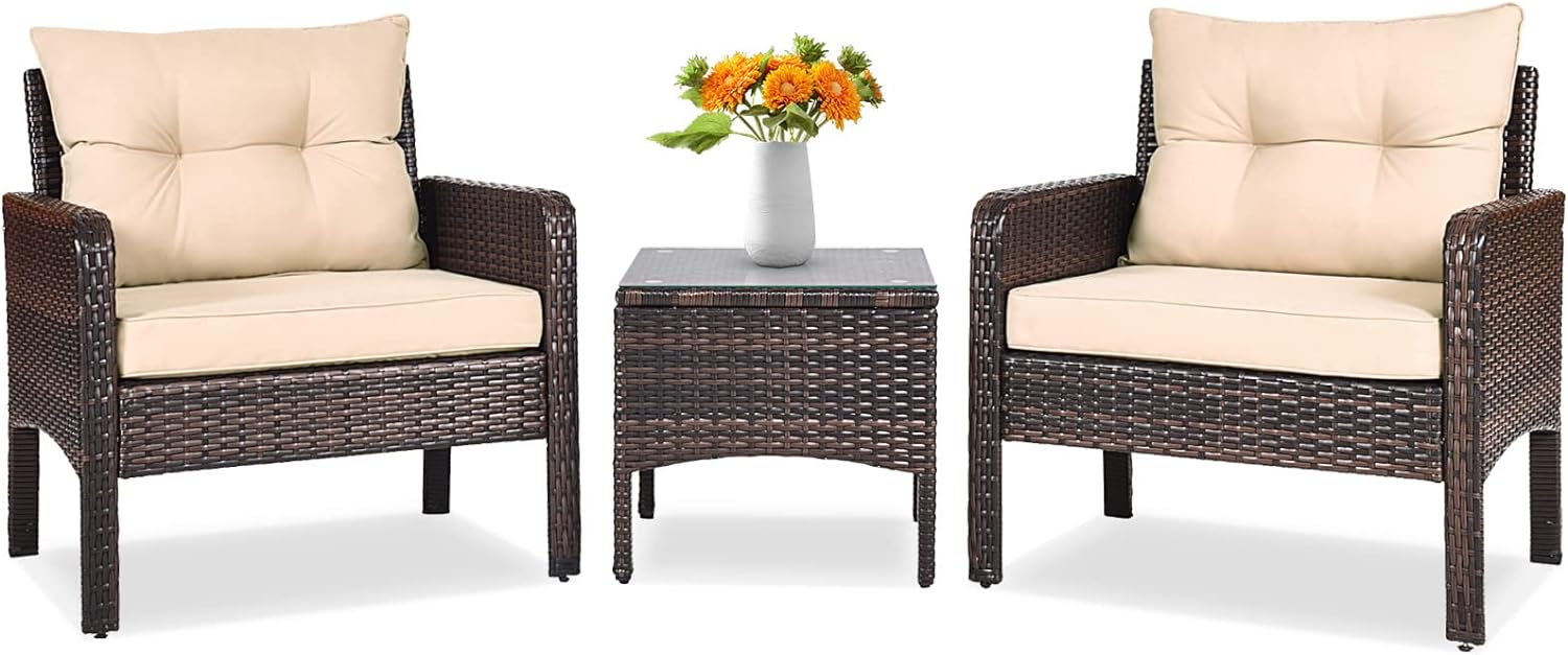 Tangkula 3 Piece Outdoor Patio Furniture Set for 2, Wicker Chairs with Glass Top Coffee Table, Thick Cushions, All Weather Garden Lawn Poolside Backyard Porch (Brown)