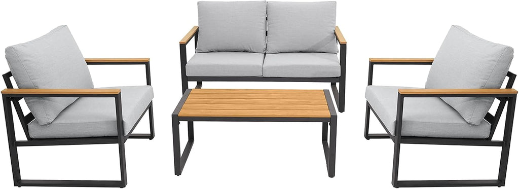 Patio Furniture Set, 4 Pieces Outdoor Patio Furniture with Coffee Table Set, Metal Patio Conversation Sets with Washable and High-Resiliency Sponge Cushions, Upgarded Light Grey