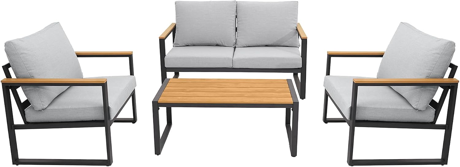 Patio Furniture Set, 4 Pieces Outdoor Patio Furniture with Coffee Table Set, Metal Patio Conversation Sets with Washable and High-Resiliency Sponge Cushions, Upgarded Light Grey