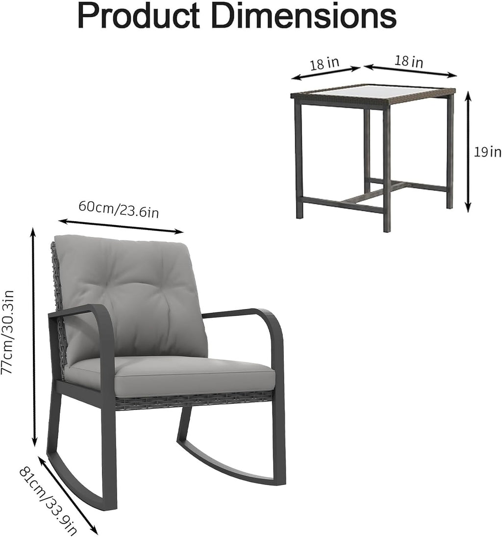 3 Piece Rocking Bistro Patio Set, Outdoor Rocking Chair, Outdoor Bistro Sets Wicker Patio Furniture Rocking Chairs Sectional Couch with Tempered Glass Top Coffee Table & Cushions, Grey