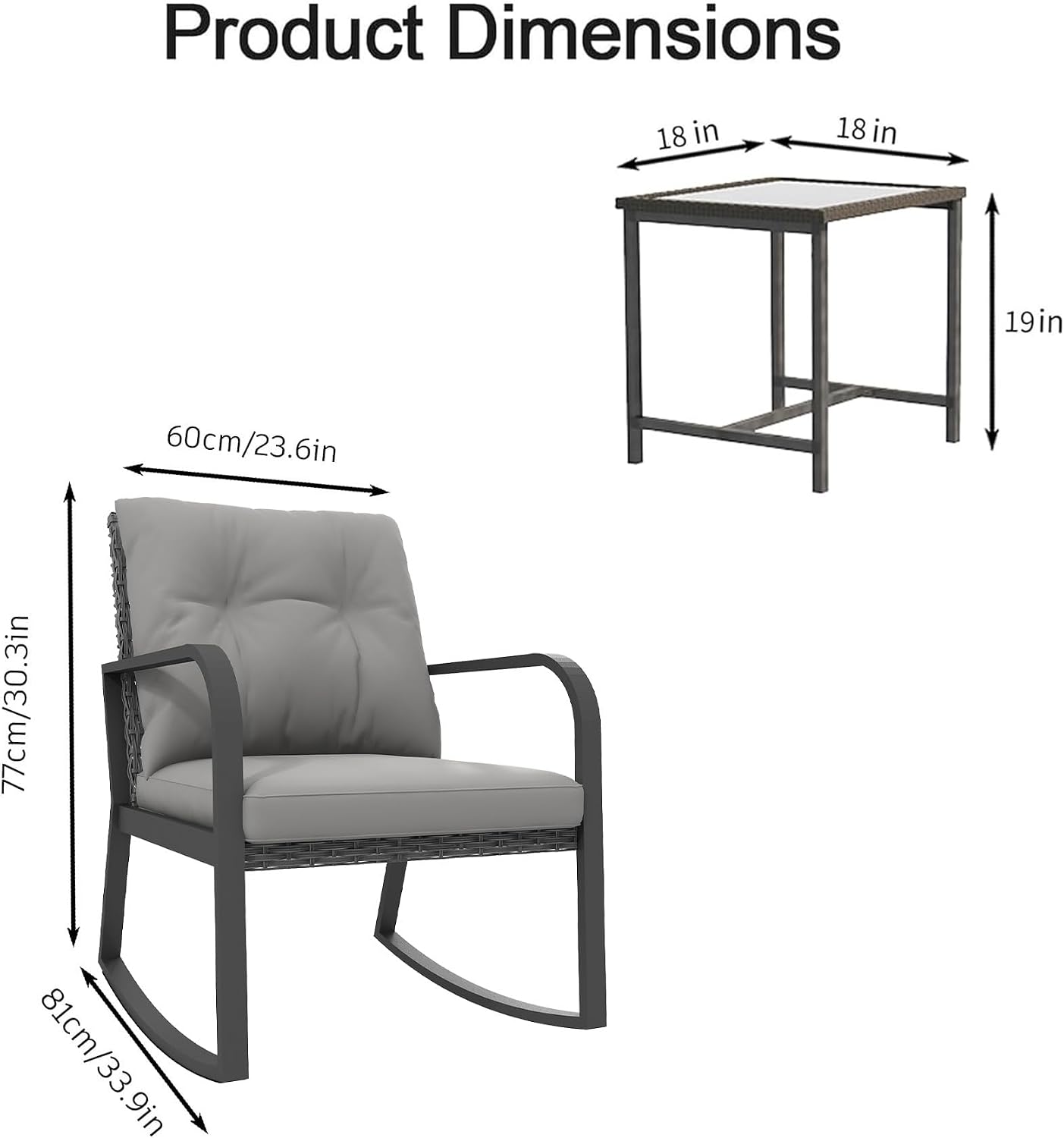 3 Piece Rocking Bistro Patio Set, Outdoor Rocking Chair, Outdoor Bistro Sets Wicker Patio Furniture Rocking Chairs Sectional Couch with Tempered Glass Top Coffee Table & Cushions, Grey
