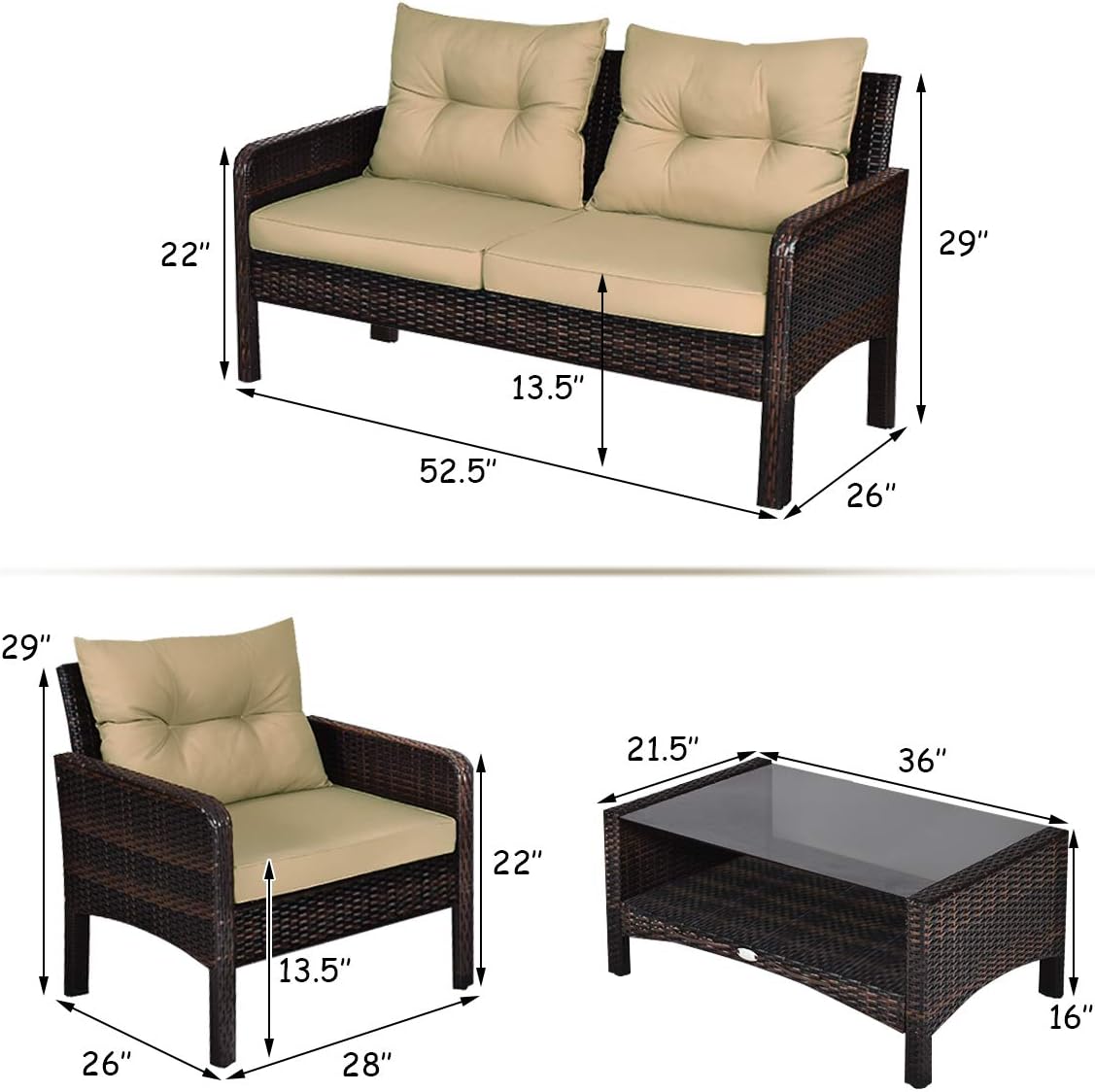 COSTWAY 4-Piece Patio Furniture Set, Sectional Wicker Rattan Sofa Chair with Cushion, Loveseat, Coffee Table with Tempered Glass and Shelf, Outdoor Conversation Sets for Poolside Porch (Brown)