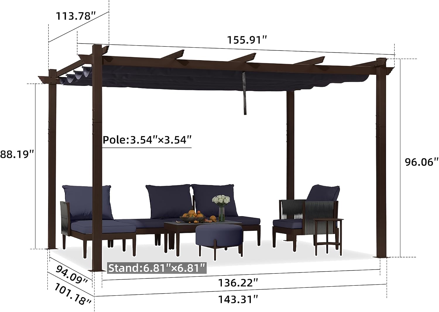 PURPLE LEAF 10' X 13' Retractable Metal Pergola with Canopy and Shade Cover for Garden, Yard, Deck, Beach, Gazebo