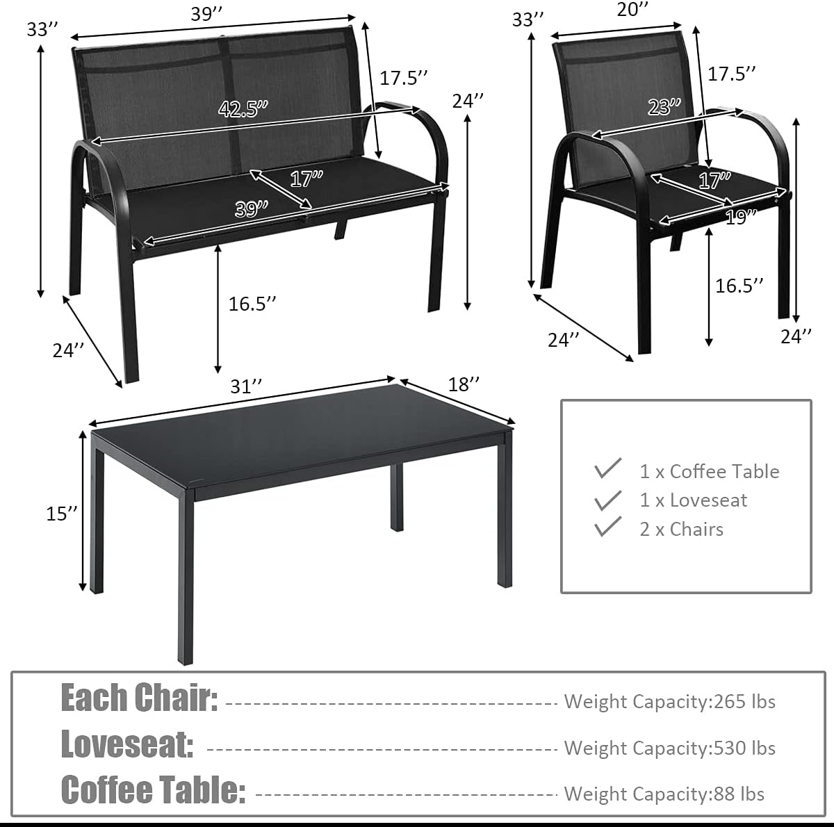 Tangkula 4 Pieces Patio Furniture Set, Metal Frame Heavy Duty Outdoor Conversation Set, Includes Glass Top Coffee Table, 2 Armrest Chairs and Loveseat, Suitable for Lawn Garden Porch Balcony Backyard