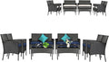 Tangkula 8 Pieces Patio Furniture Set, Outdoor Wicker Conversation Set with Tempered Glass Tabletop, Rattan Sofa and Chairs Set with Off White & Navy Cushion Covers