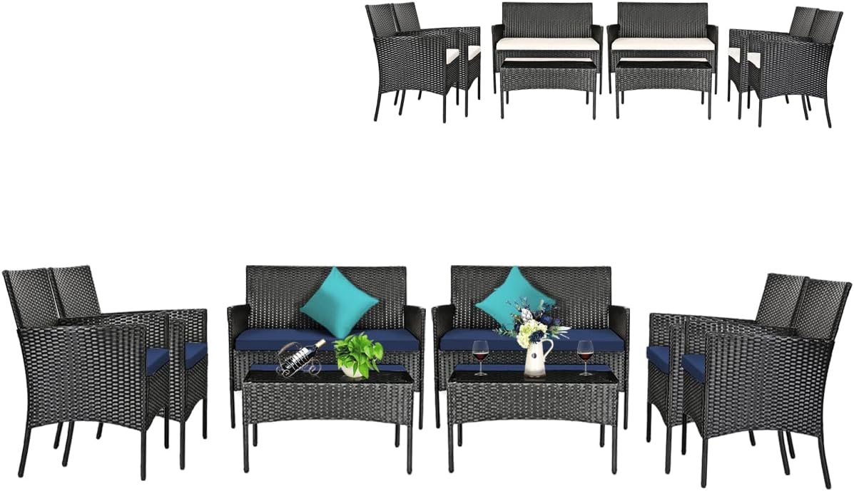 Tangkula 8 Pieces Patio Furniture Set, Outdoor Wicker Conversation Set with Tempered Glass Tabletop, Rattan Sofa and Chairs Set with Off White & Navy Cushion Covers