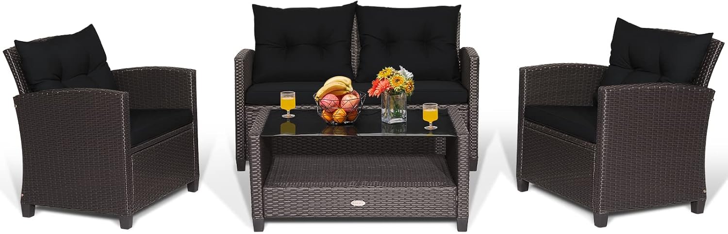 COSTWAY 4 Piece Patio Furniture Set, Outdoor Wicker Rattan Chairs and Loveseat with Cushions, Tempered Glass Coffee Table with Storage Shelf, Conversation Sofa Set for Poolside Backyard (Black)