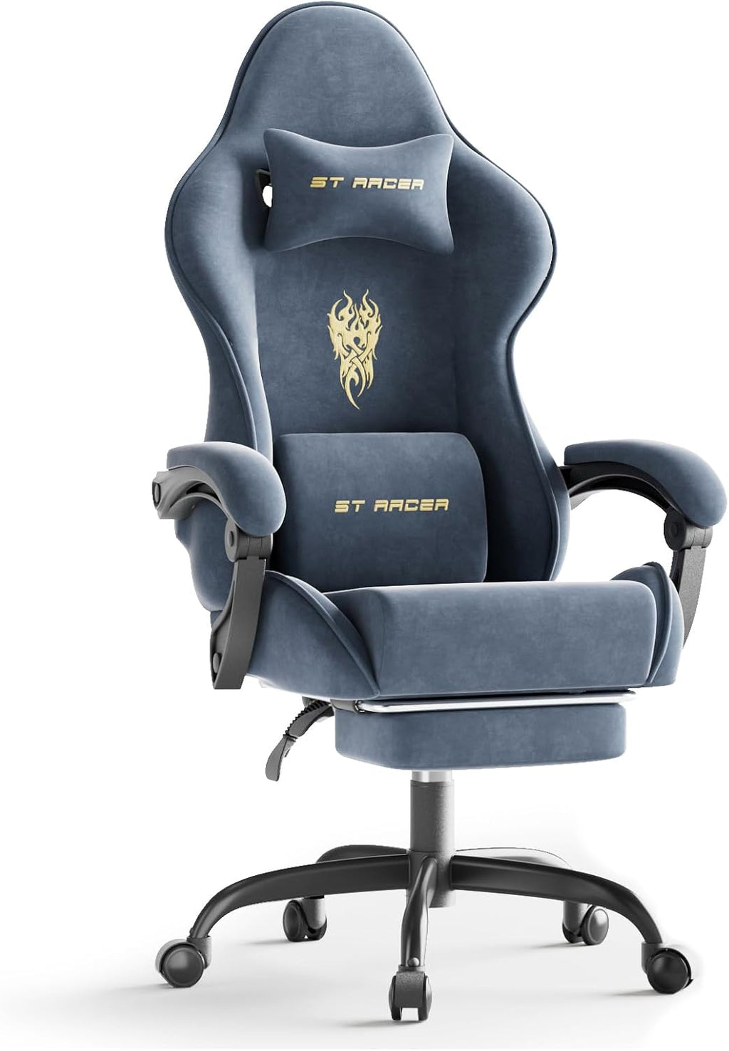 Ferghana Velvet Fabric Gaming Chair, High Back Ergonomic Gamer Chair for Adult, Comfortable Video Game Chair with Footrest and Massage Lumbar Cushion, Racing Reclining Office Computer Desk Chair Grey